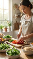 Young woman in linen apron preparing fresh vegetables in bright kitchen with natural light, cutting bell peppers on wooden board for healthy cooking.