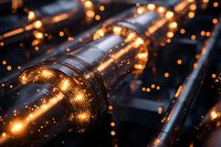 Glowing optical fiber cable with golden light bokeh effect and sparkles in dark background, modern telecommunications technology and data transfer concept.