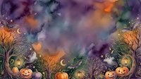 Halloween night sky with pumpkins, bare trees, lanterns and mystical purple orange clouds creating spooky autumn atmosphere for seasonal designs.