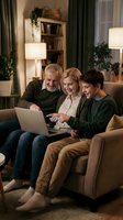 Happy multigenerational family using laptop together on couch in cozy living room with warm lighting and plants for bonding and technology sharing.