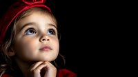 Young girl with bright blue eyes wearing red hat gazes upward dreamily with hand on chin, dramatic lighting creates artistic portrait against dark background.