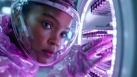 Young African American woman astronaut in spacesuit helmet illuminated by vibrant purple neon lights, futuristic sci-fi setting with curved architectural elements and glowing effects.