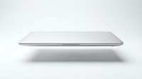 Slim closed laptop floating on white background, showcasing ultra-thin modern design with clean minimalist aesthetic for tech and business concepts.
