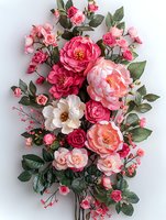 Lush floral arrangement with pink and coral peonies, roses, and small berries on white background. Green foliage creates depth in romantic composition.