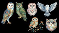 Barn owl, eagle owl, and snowy owl collection isolated on transparent background, ready for t-shirt design, clipart, stickers, sublimation, and print-on-demand products.