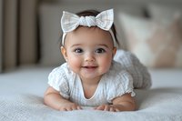 Adorable baby girl with white bow headband lying on tummy, smiling at camera in cozy bedroom setting for family photography and parenting content.
