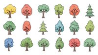Colorful cartoon tree collection with various species and seasonal foliage for nature designs, environmental projects and landscaping illustrations.