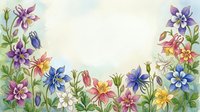 Watercolor border of colorful aquilegia columbine flowers in purple, blue, pink, yellow and white with copy space for greeting cards.