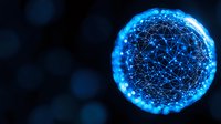 Glowing blue sphere with connected network lines and dots against dark background represents global connectivity and digital transformation concept.