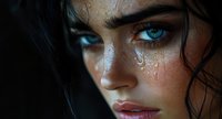 Close-up portrait of young woman with striking blue eyes, dark hair, and freckled skin with water droplets on face showing intense emotion.