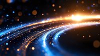 Glowing curved light trails with blue and orange particles against dark background create dynamic motion effect for technology and space designs.