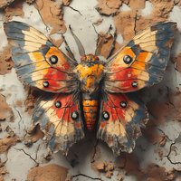 Vibrant butterfly with orange, blue and red wings on cracked textured background. Artistic nature illustration with detailed wing patterns and weathered surface.
