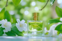 Elegant perfume bottle with golden cap against fresh spring background with white jasmine flowers and green leaves, soft bokeh effect creates luxurious mood.
