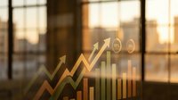 Business growth chart with upward trending arrows and bar graphs overlaid on blurred office window background during golden hour for financial presentations.