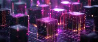 Glowing neon cubes with light streams in futuristic digital space, purple and orange luminous geometric shapes on dark background with bokeh effect.