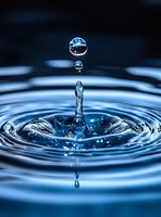 Macro photography of water drop impact creating concentric ripples and multiple droplets suspended in air against dark background, captured in cool blue tones.