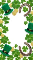 St. Patrick's Day frame with green shamrock clovers, leprechaun hats, horseshoes and gold coins on white background for Irish holiday celebration.