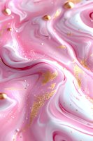 Pink and white marble texture with gold glitter and pearls creating luxurious abstract swirls and waves pattern for elegant design backgrounds.