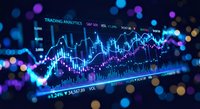 Financial trading analytics dashboard with glowing charts and market data visualization on dark background with colorful bokeh lights for business presentations.