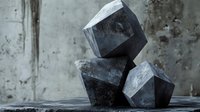 Dark geometric mineral crystals or rocks stacked in artistic composition against weathered concrete wall background, moody lighting creates dramatic shadows.