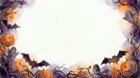 Halloween watercolor border frame with pumpkins, bats, and ghosts in purple and orange, with white copy space center.