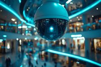 Security surveillance dome camera in shopping mall with futuristic cyan neon lighting, monitoring system against blurred background of retail space.