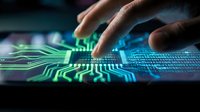 Hand touching futuristic digital interface with glowing circuit patterns and data visualization for technology and innovation concepts.