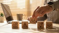 Business professional arranging wooden blocks with corporate icons on office desk. Strategic planning and organizational development concept for workplace success.