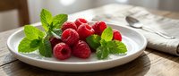 Fresh red raspberries with mint leaves arranged on a white plate, perfect for food photography, healthy eating content, and culinary design projects.