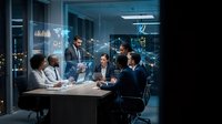 Business team meeting in modern conference room with holographic data visualization and digital network connections for corporate strategy planning.