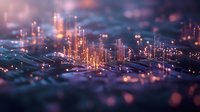 Glowing circuit board paths create futuristic cityscape with illuminated towers and connections in purple and blue tones, macro photography style composition.
