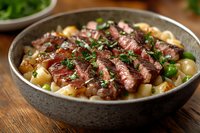 Juicy sliced beef steak served on creamy pasta with mushrooms and herbs in rustic ceramic bowl, medium rare meat garnished with fresh parsley.