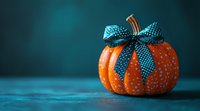 Orange decorative pumpkin with polka dot pattern and blue dotted bow on teal background with copy space, autumn holiday seasonal decor concept.