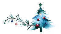 Watercolor Christmas tree with ornaments and decorative branch on white background. Holiday greeting card design for winter celebrations and festive projects.