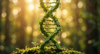 DNA double helix made of green vines and leaves growing from moss-covered ground with warm golden bokeh lights in background for biotechnology concepts.