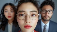 Young Asian businesswoman with glasses leads diverse team, confident professional portrait for corporate, leadership, and teamwork concepts.