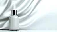 White cosmetic dropper bottle on elegant draped silk background with soft shadows, minimal luxury skincare product presentation for beauty and wellness industry.