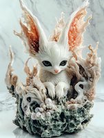 Mystical white creature with crystal wings emerging from coral-like formation against marble background, featuring ethereal details and pearlescent textures.