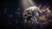 Cracked stone sphere with glowing particles and light rays dispersing through dark space, symbolizing destruction, transformation, and cosmic energy release.