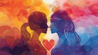 Romantic silhouettes of two women in love against vibrant sunset sky with glowing heart symbol, colorful bokeh background in orange and blue gradient colors.