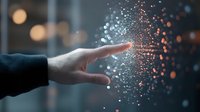 Magical glowing particles floating above open palm against dark background with bokeh lights, showcasing digital transformation and innovation concept.