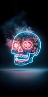 Glowing neon sugar skull with ornate floral patterns in blue and pink colors against dark background with atmospheric smoke effects and reflective surface.