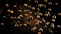 Dramatic close-up of roasted coffee beans flying and falling through dark space with motion blur effect and tiny particles creating dynamic composition.