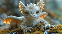 Friendly fantasy dragon with big eyes and detailed scales smiling at camera while resting on orange moss. Magical creature in enchanted forest setting.