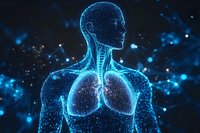 Glowing blue digital human anatomy showing upper body with detailed lungs and respiratory system against dark background with particle effects.