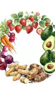 Fresh organic produce arranged in circular frame including strawberries, avocados, ginger root, radishes and carrots on white background for healthy eating and nutrition concepts.