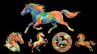 Colorful ornate horses in Chinese folk art style, isolated on transparent background. Five decorative equine designs for t-shirts, stickers, sublimation, and print on demand.