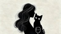 Silhouette of woman with flowing hair and black cat holding wine glass on textured background. Minimalist gothic aesthetic for design projects.