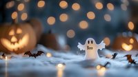 Playful Halloween scene with glowing jack o'lantern, cute ghost decoration and flying bats against blurred bokeh lights background in misty atmosphere.
