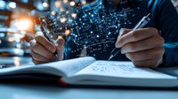 Professional writing mathematical formulas in notebook with glowing digital network overlay, innovative education and scientific research concept.